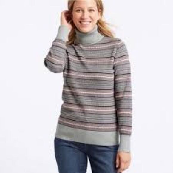 LL Bean Grey and Pink Fair Isle Cotton Cashmere Blend Turtle Neck Sweater - Picture 4 of 7